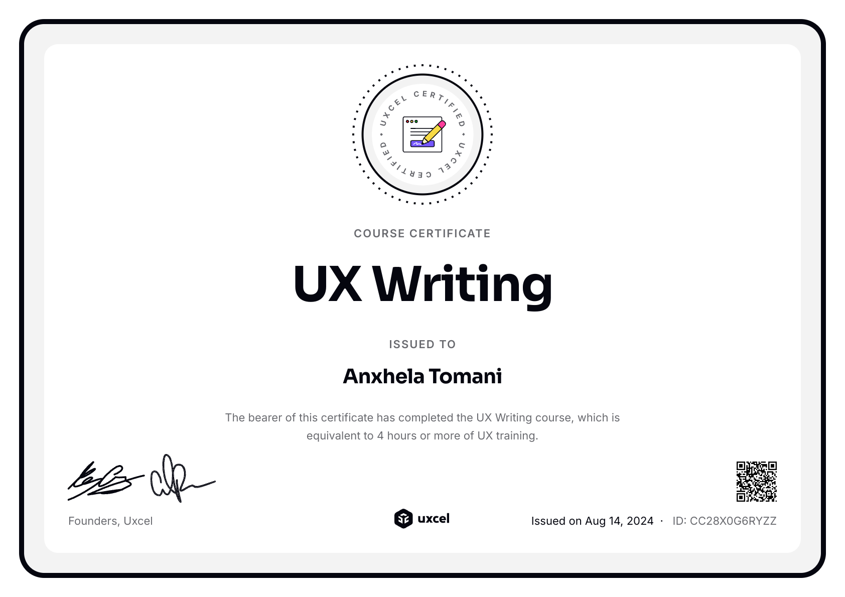 Anxhela Tomani's certificate